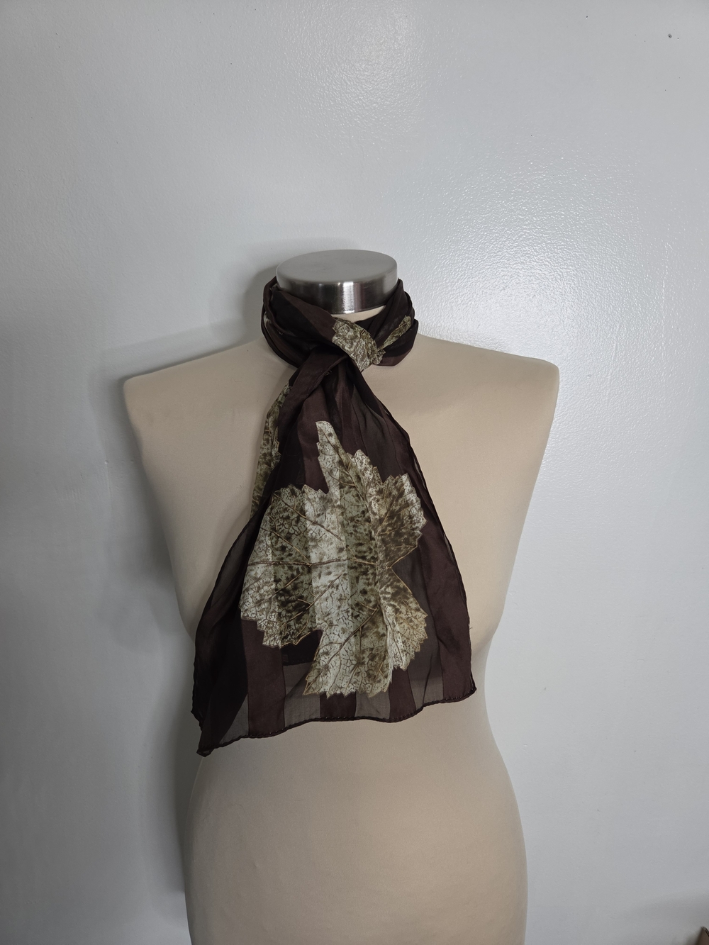 Vintage Autumn Leaf Sheer Shadow Stripe Satin Scarf Brown 11.25x52.5"